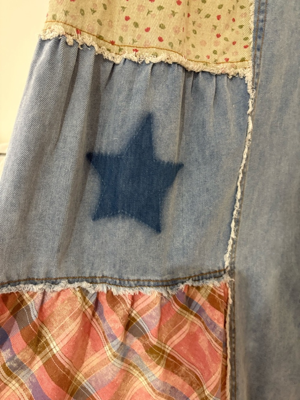 NWT POL LARGE Patchwork Wide-Leg Women’s Jeans in Light Blue Floral & Plaid - Picture 3 of 6
